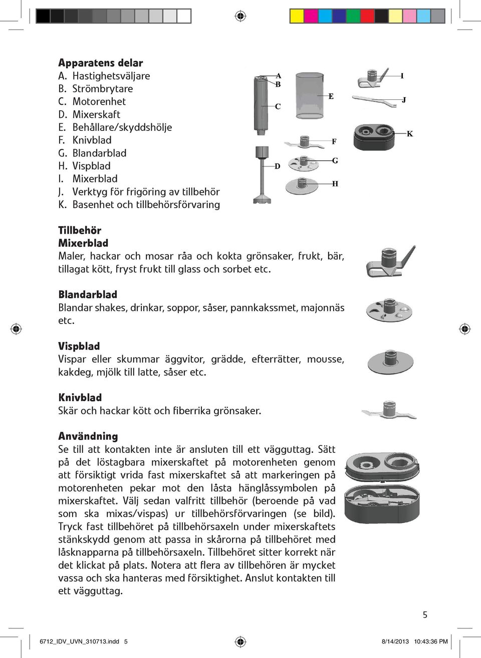 Blandarblad Blandar shakes, drinkar, soppor, såser, pannkakssmet, majonnäs etc. Vispblad Vispar eller skummar äggvitor, grädde, efterrätter, mousse, kakdeg, mjölk till latte, såser etc.