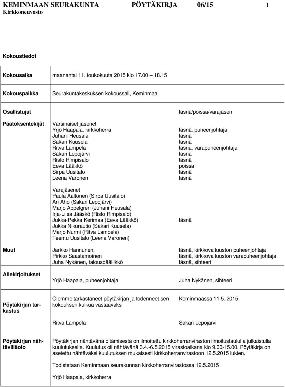 Sakari Lepojärvi Risto Rimpisalo Eeva Lääkkö Sirpa Uusitalo Leena Varonen Varajäsenet Paula Aaltonen (Sirpa Uusitalo) Ari Aho (Sakari Lepojärvi) Marjo Appelgrén (Juhani Heusala) Irja-Liisa Jääskö