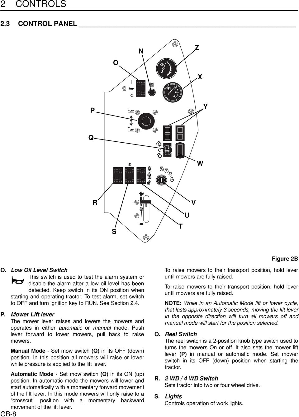 Mower Lift lever The mower lever raises and lowers the mowers and operates in either automatic or manual mode. Push lever forward to lower mowers, pull back to raise mowers.