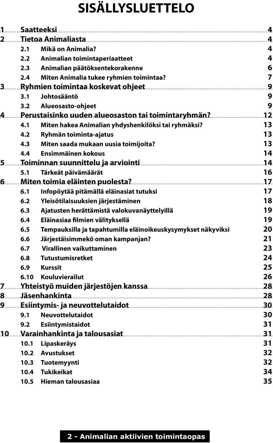 2 Ryhmän toimintaajatus 13 4.3 Miten saada mukaan uusia toimijoita? 13 4.4 Ensimmäinen kokous 14 5 Toiminnan suunnittelu ja arviointi 14 5.1 Tärkeät päivämäärät 16 6 Miten toimia eläinten puolesta?