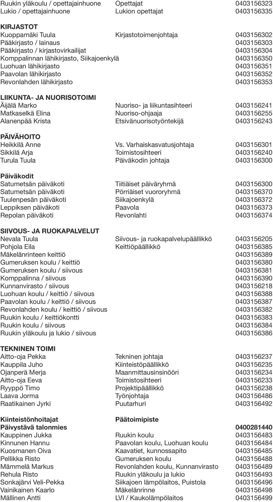 Liikunta- ja NUORISOTOIMI Äijälä Marko Nuoriso- ja liikuntasihteeri 0403156241 Matkaselkä Elina Nuoriso-ohjaaja 0403156255 Alanenpää Krista Etsivänuorisotyöntekijä 0403156243 Päivähoito Heikkilä Anne