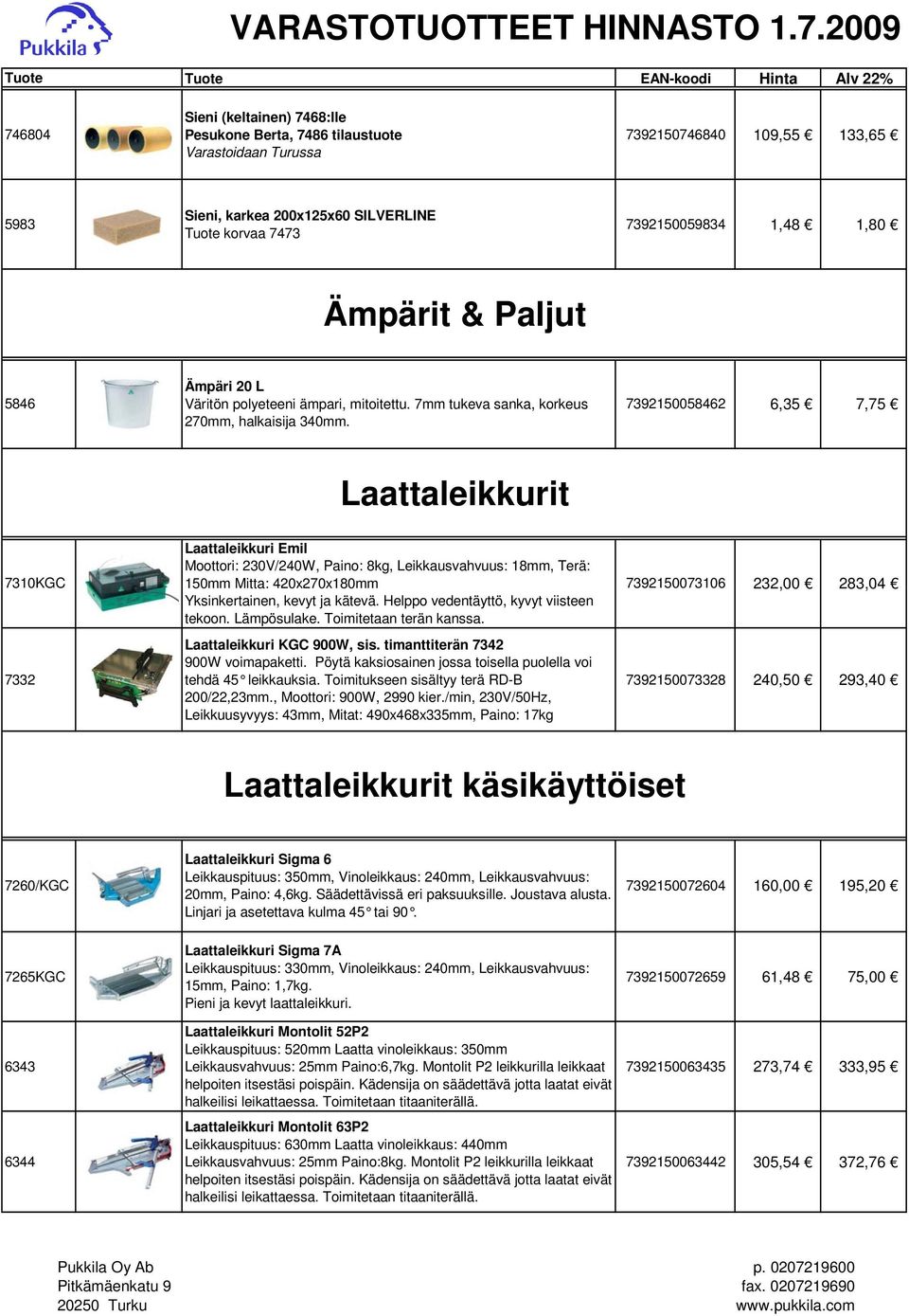 7392150058462 6,35 7,75 Laattaleikkurit 7310KGC 7332 Laattaleikkuri Emil Moottori: 230V/240W, Paino: 8kg, Leikkausvahvuus: 18mm, Terä: 150mm Mitta: 420x270x180mm 7392150073106 232,00 283,04