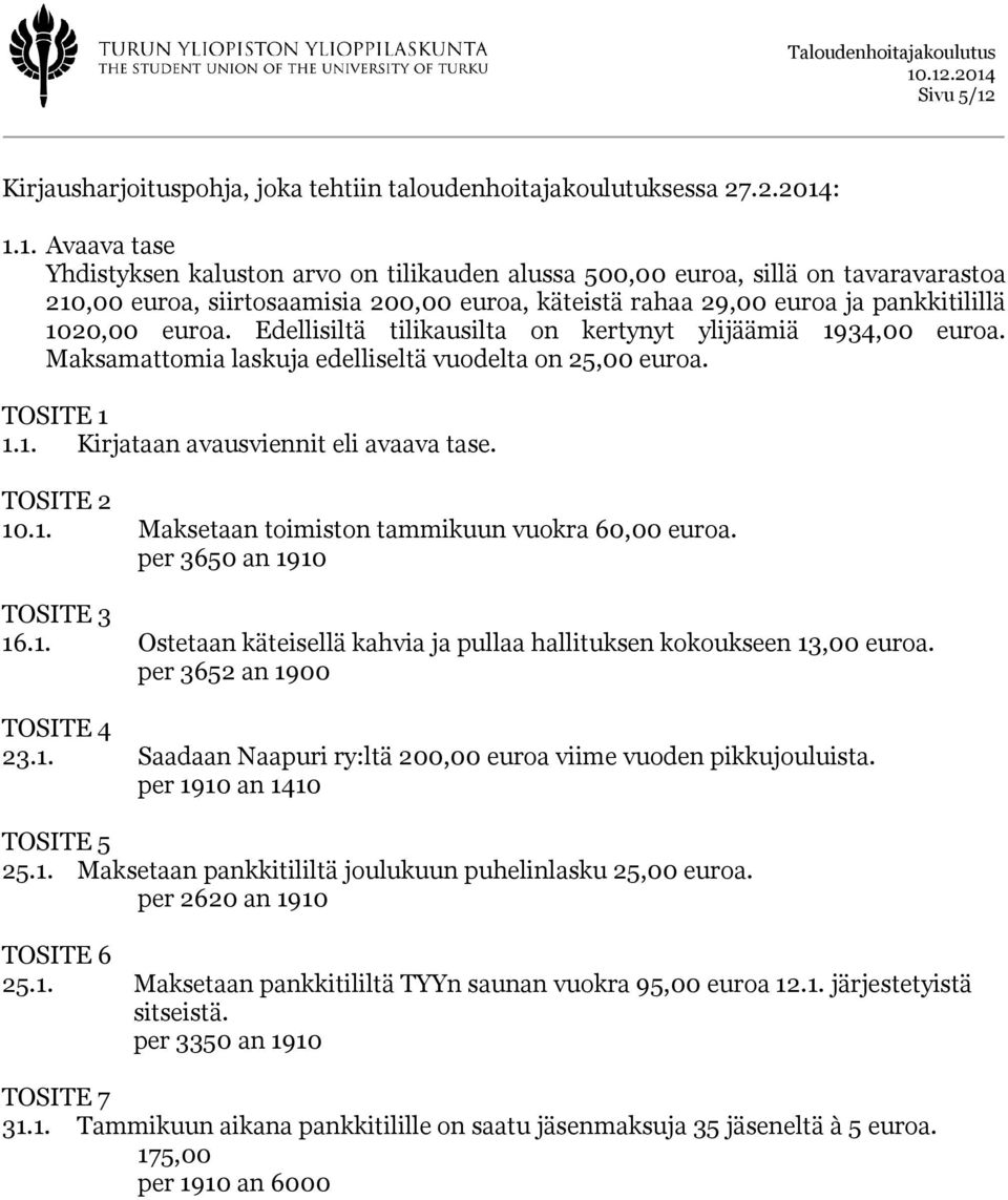 : 1.1. Avaava tase Yhdistyksen kaluston arvo on tilikauden alussa 500,00 euroa, sillä on tavaravarastoa 210,00 euroa, siirtosaamisia 200,00 euroa, käteistä rahaa 29,00 euroa ja pankkitilillä 1020,00