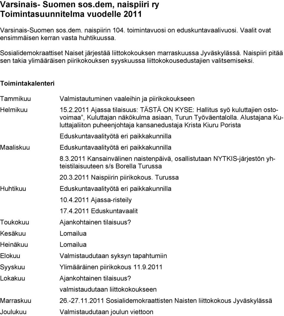 Naispiiri pitää sen takia ylimääräisen piirikokouksen syyskuussa liittokokousedustajien valitsemiseksi. Toimintakalenteri Tammikuu Valmistautuminen vaaleihin ja piirikokoukseen Helmikuu 15.2.