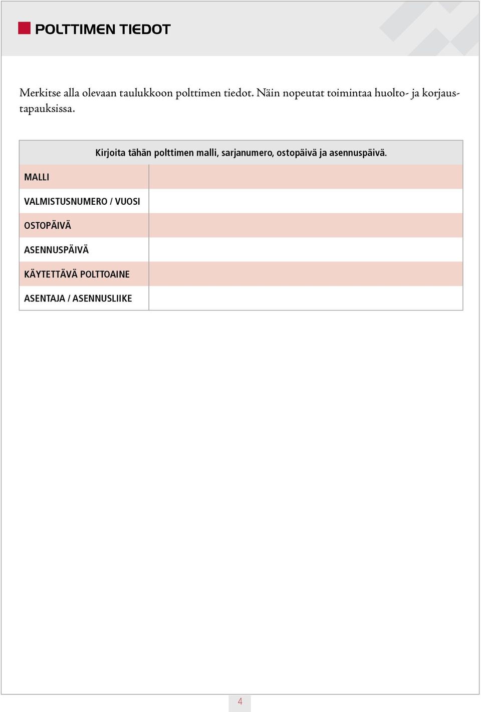 Kirjoita tähän polttimen malli, sarjanumero, ostopäivä ja asennuspäivä.