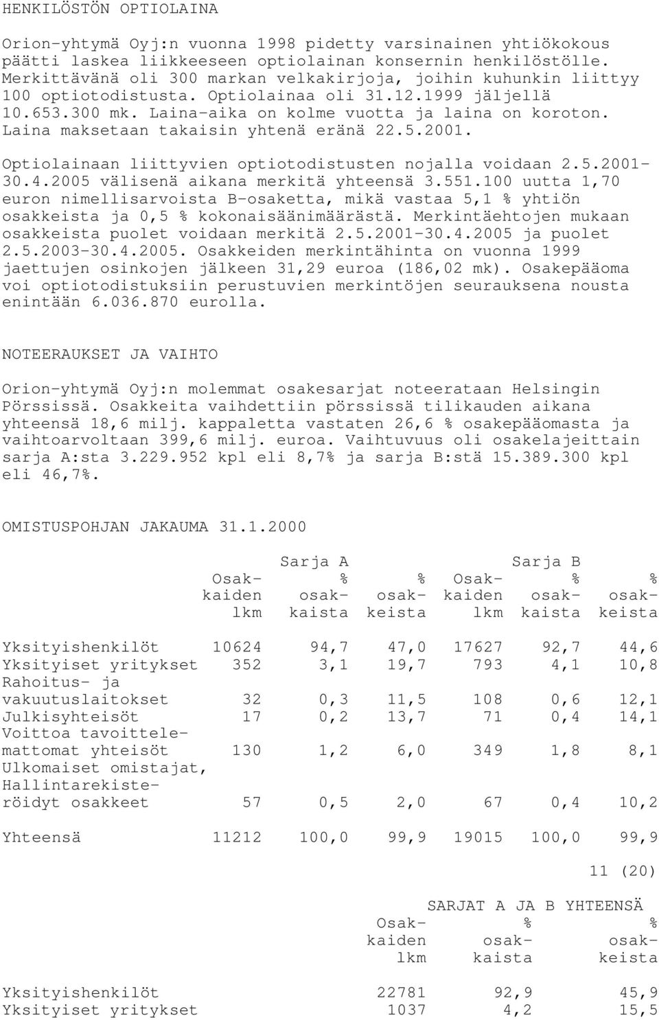 Laina maksetaan takaisin yhtenä eränä 22.5.2001. Optiolainaan liittyvien optiotodistusten nojalla voidaan 2.5.2001-30.4.2005 välisenä aikana merkitä yhteensä 3.551.