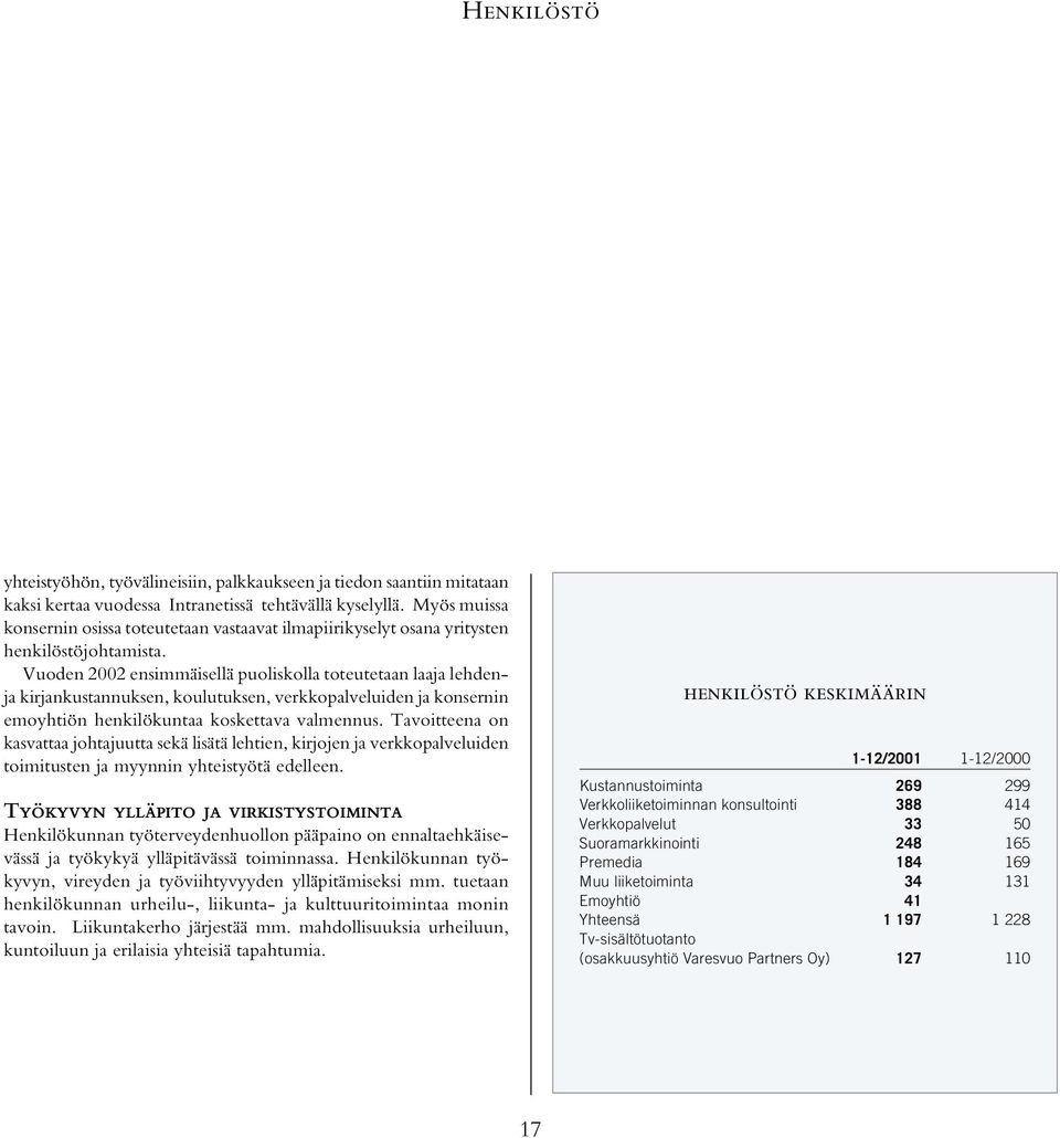 Vuoden 2002 ensimmäisellä puoliskolla toteutetaan laaja lehdenja kirjankustannuksen, koulutuksen, verkkopalveluiden ja konsernin emoyhtiön henkilökuntaa koskettava valmennus.