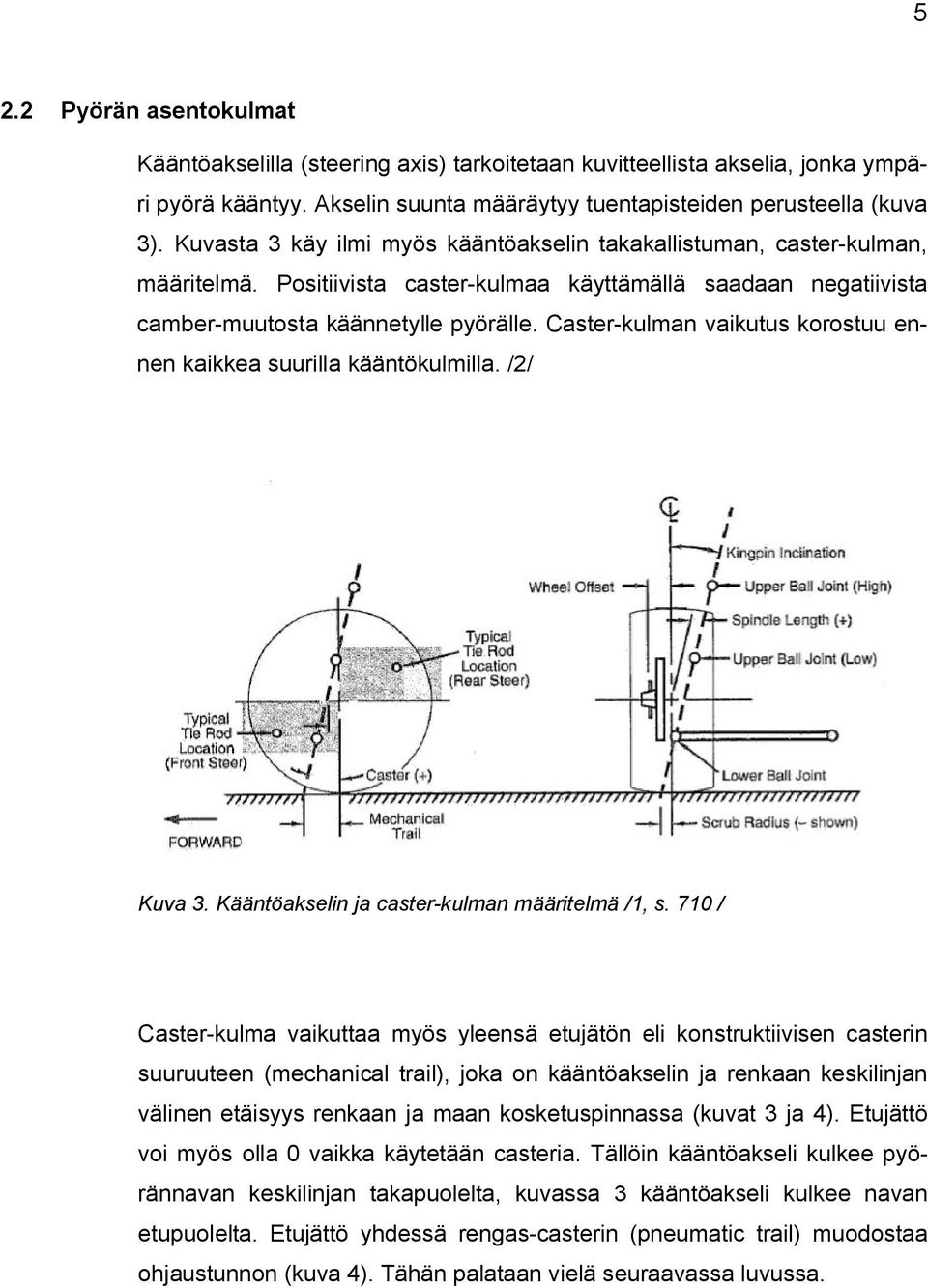 Caster-kulman vaikutus korostuu ennen kaikkea suurilla kääntökulmilla. /2/ Kuva 3. Kääntöakselin ja caster-kulman määritelmä /1, s.