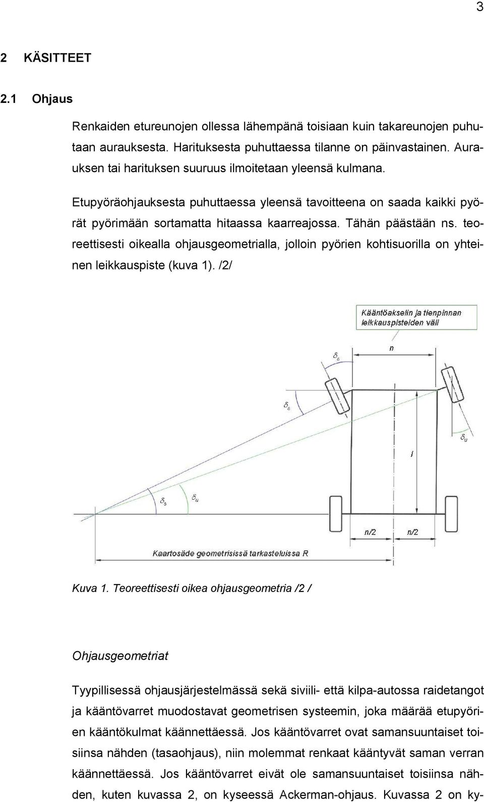 teoreettisesti oikealla ohjausgeometrialla, jolloin pyörien kohtisuorilla on yhteinen leikkauspiste (kuva 1). /2/ Kuva 1.