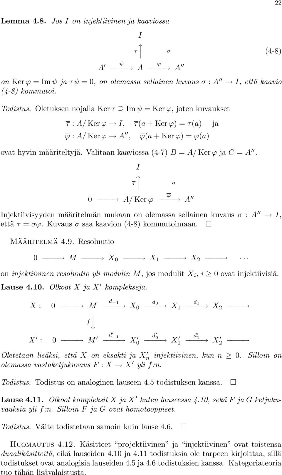 I 0 A/ Ker ϕ ϕ A Injektiivisyyden määritelmän mukaan on olemassa sellainen kuvaus : A I, että = ϕ. Kuvaus saa kaavion (4-8) kommutoimaan. Määritelmä 4.9.