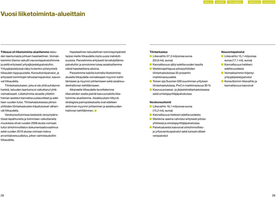 Konsultointipalvelut, ja erityisesti toimintojen tehostamispalvelut, kasvoivat tilikaudella. Tilintarkastukseen, joka ei ole yhtä suhdanneherkkä, talouden taantuma ei vaikuttanut yhtä voimakkaasti.