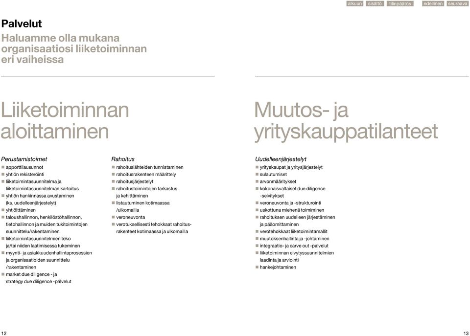 uudelleenjärjestelyt) yhtiöittäminen taloushallinnon, henkilöstö hallinnon, tietohallinnon ja muiden tukitoimintojen suunnittelu/rakentaminen liiketoimintasuunnitelmien teko ja/tai niiden