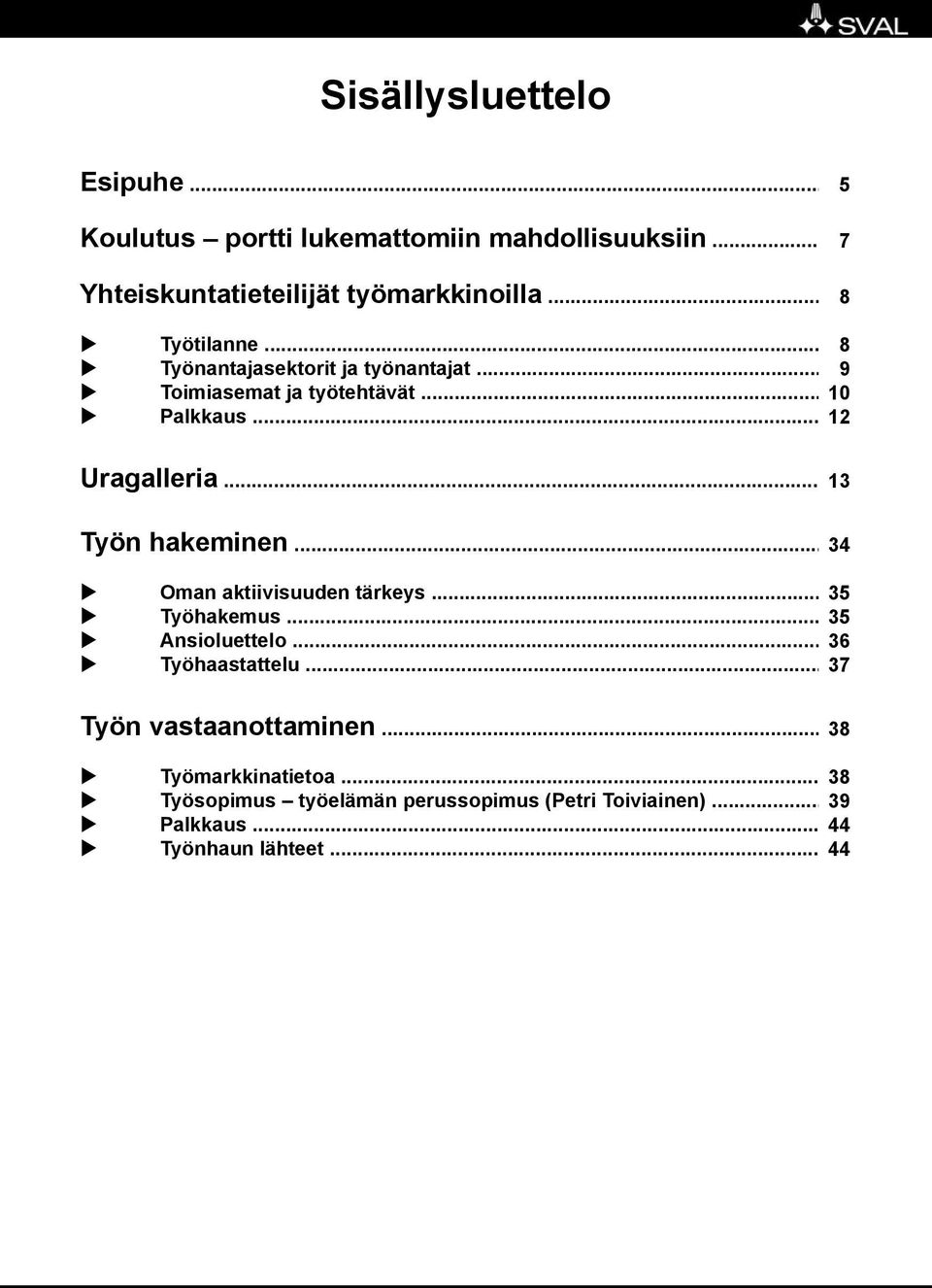 .. 13 Työn hakeminen... Oman aktiivisuuden tärkeys... 35 Työhakemus... 35 Ansioluettelo... 36 Työhaastattelu.