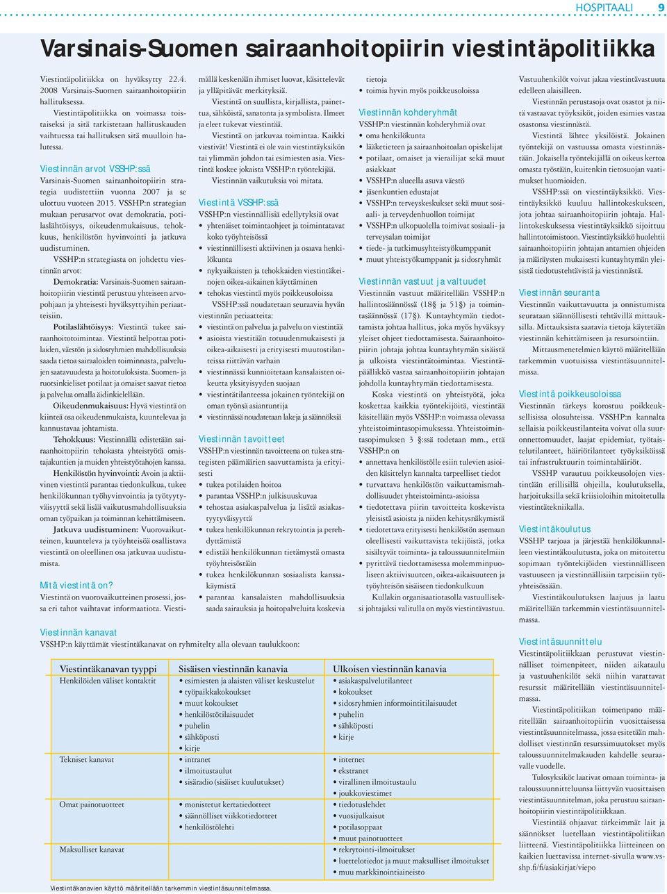 Viestinnän arvot VSSHP:ssä Varsinais-Suomen sairaanhoitopiirin strategia uudistettiin vuonna 2007 ja se ulottuu vuoteen 2015.