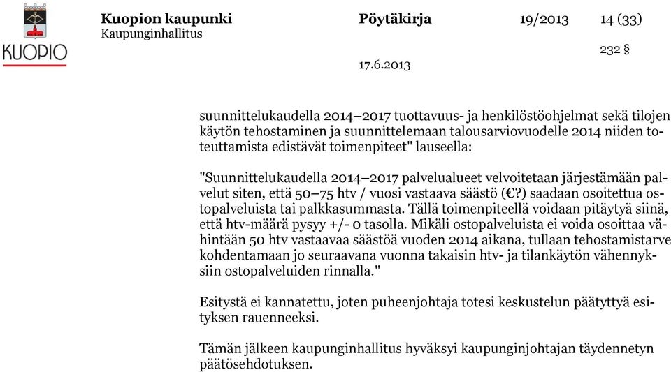 ) saadaan osoitettua ostopalveluista tai palkkasummasta. Tällä toimenpiteellä voidaan pitäytyä siinä, että htv-määrä pysyy +/- 0 tasolla.