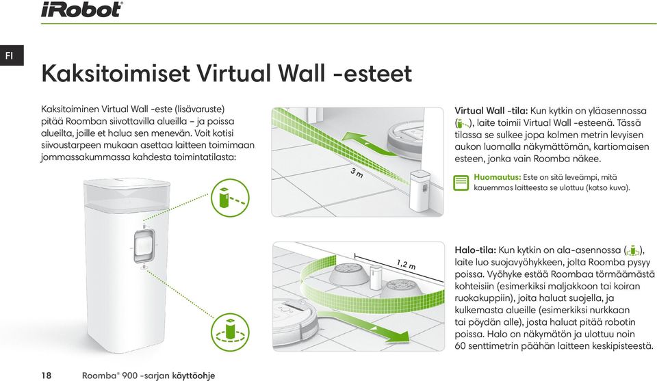 Tässä tilassa se sulkee jopa kolmen metrin levyisen aukon luomalla näkymättömän, kartiomaisen esteen, jonka vain Roomba näkee.