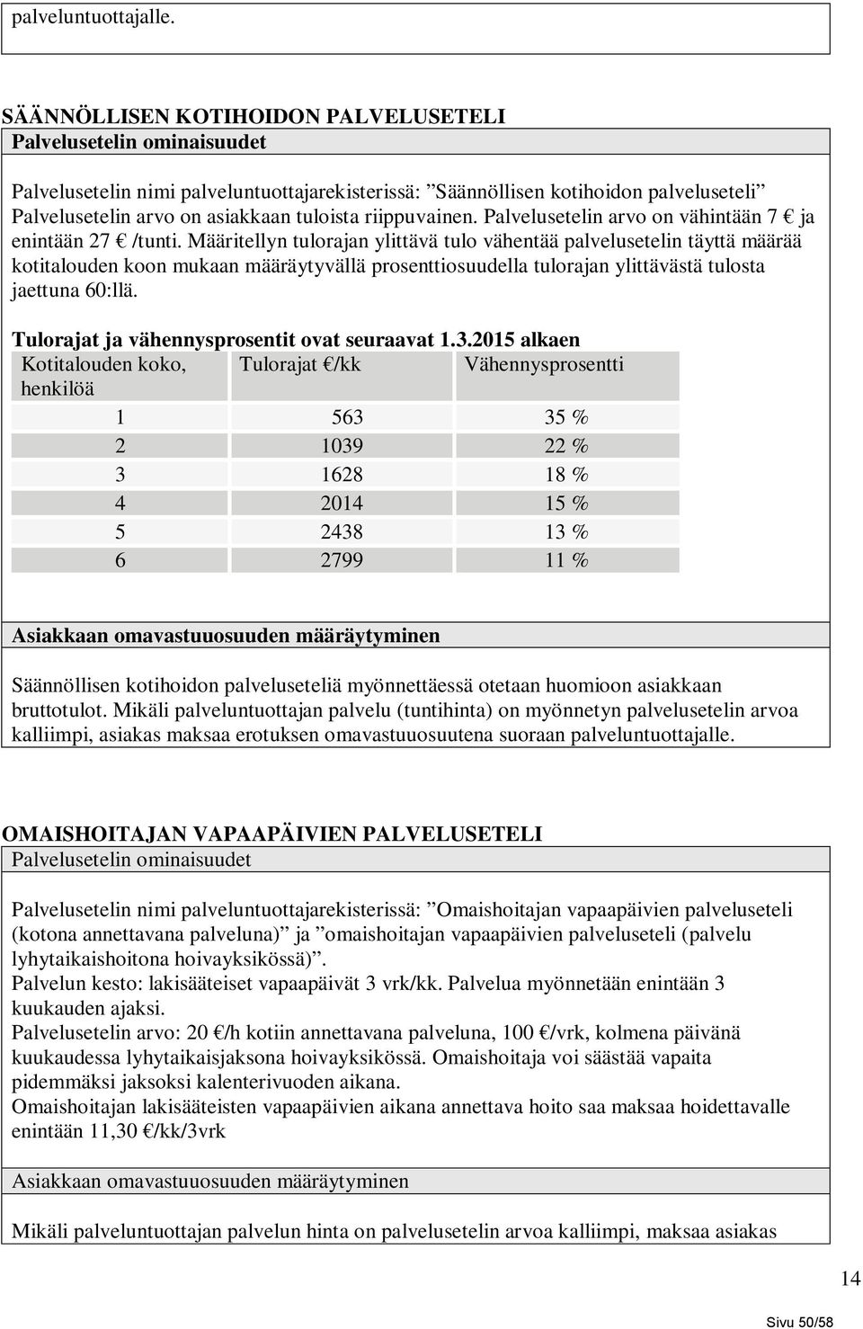 riippuvainen. Palvelusetelin arvo on vähintään 7 ja enintään 27 /tunti.