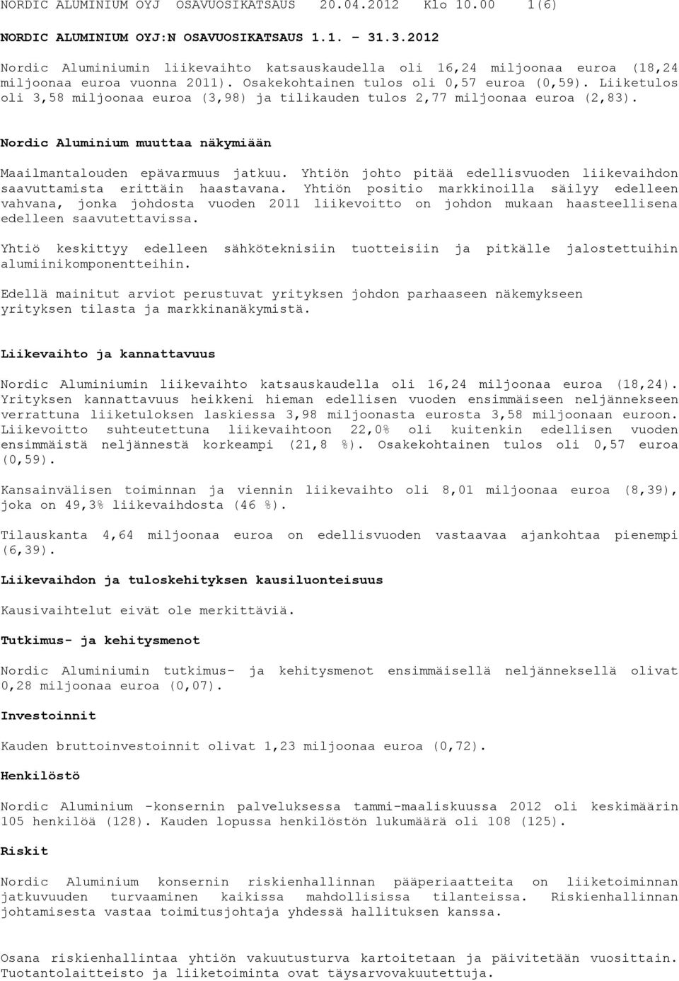 Liiketulos oli 3,58 miljoonaa euroa (3,98) ja tilikauden tulos 2,77 miljoonaa euroa (2,83). Nordic Aluminium muuttaa näkymiään Maailmantalouden epävarmuus jatkuu.