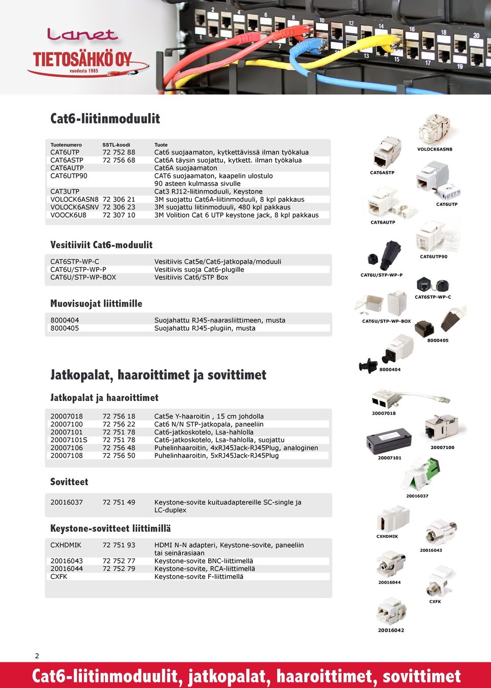 Cat6A-liitinmoduuli, 8 kpl pakkaus VOLOCK6ASNV 72 306 23 3M suojattu liitinmoduuli, 480 kpl pakkaus VOOCK6U8 72 307 10 3M Volition Cat 6 UTP keystone jack, 8 kpl pakkaus CAT6ASTP CAT6AUTP VOLOCK6ASN8