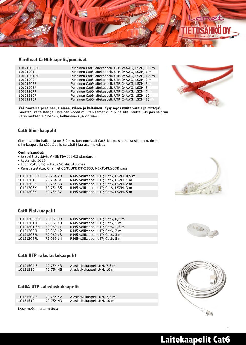 5 m 10121207P Punainen Cat6-laitekaapeli, UTP, 24AWG, LSZH, 7 m 10121210P Punainen Cat6-laitekaapeli, UTP, 24AWG, LSZH, 10 m 10121215P Punainen Cat6-laitekaapeli, UTP, 24AWG, LSZH, 15 m Vakioväreinä