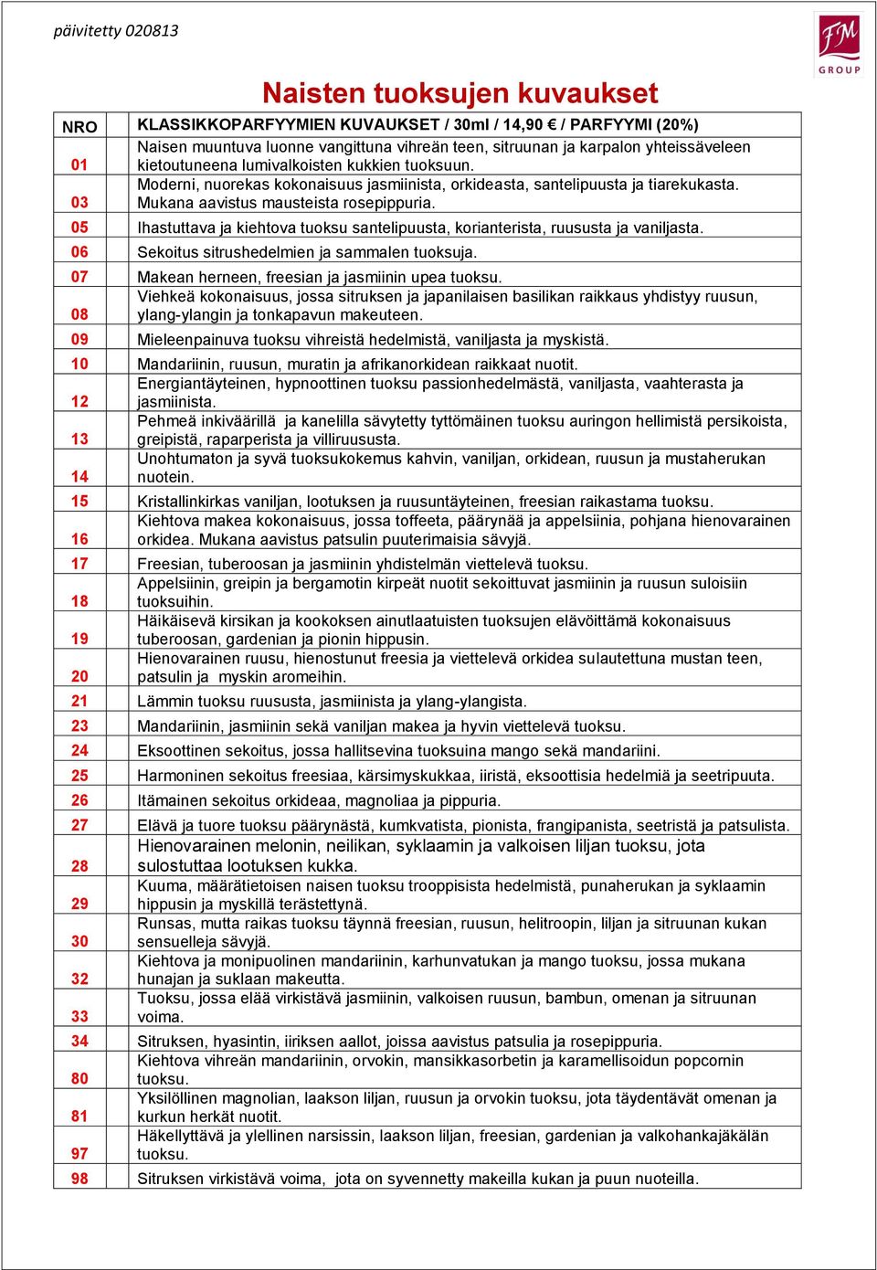 05 Ihastuttava ja kiehtova tuoksu santelipuusta, korianterista, ruususta ja vaniljasta. 06 Sekoitus sitrushedelmien ja sammalen tuoksuja. 07 Makean herneen, freesian ja jasmiinin upea tuoksu.