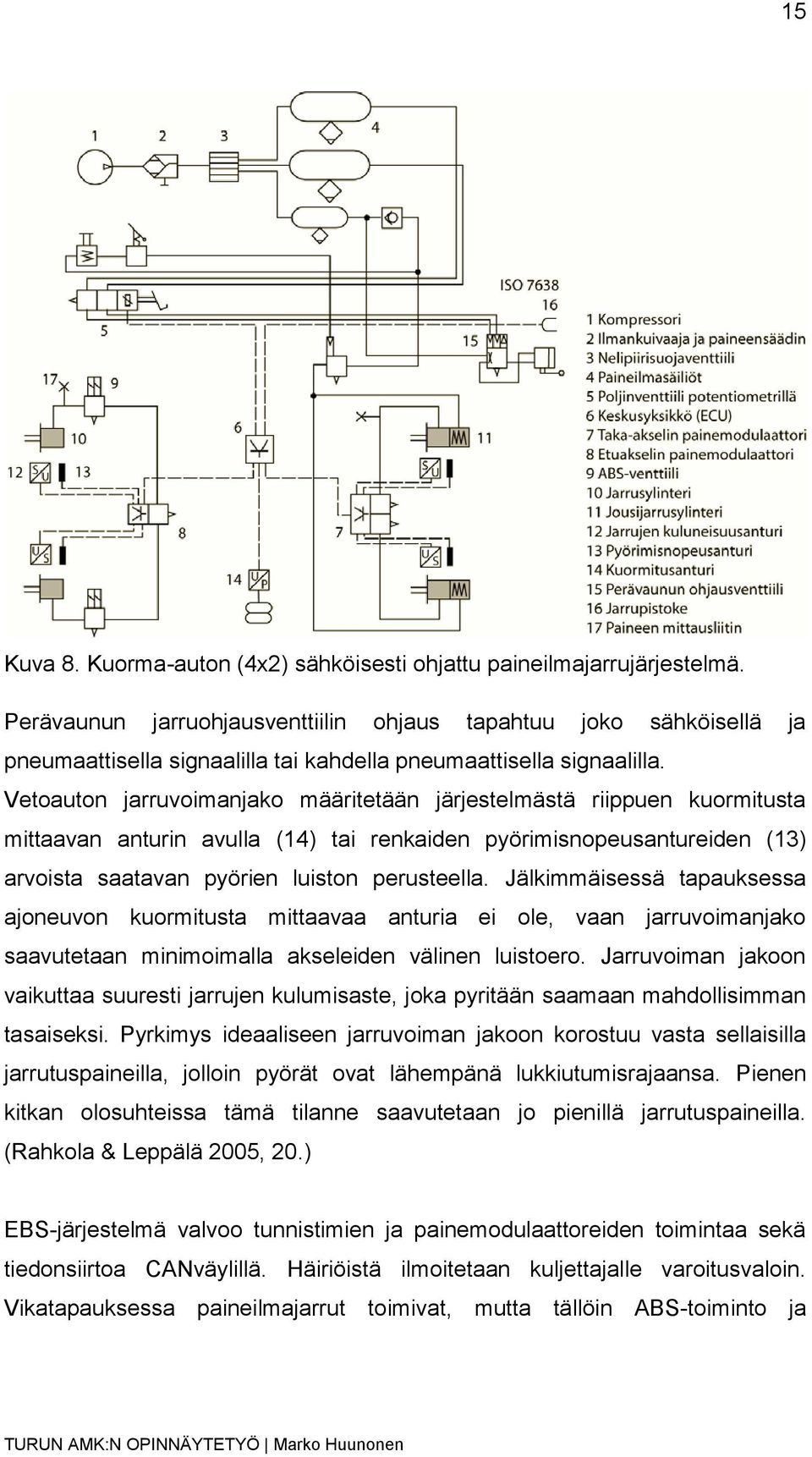 Vetoauton jarruvoimanjako määritetään järjestelmästä riippuen kuormitusta mittaavan anturin avulla (14) tai renkaiden pyörimisnopeusantureiden (13) arvoista saatavan pyörien luiston perusteella.