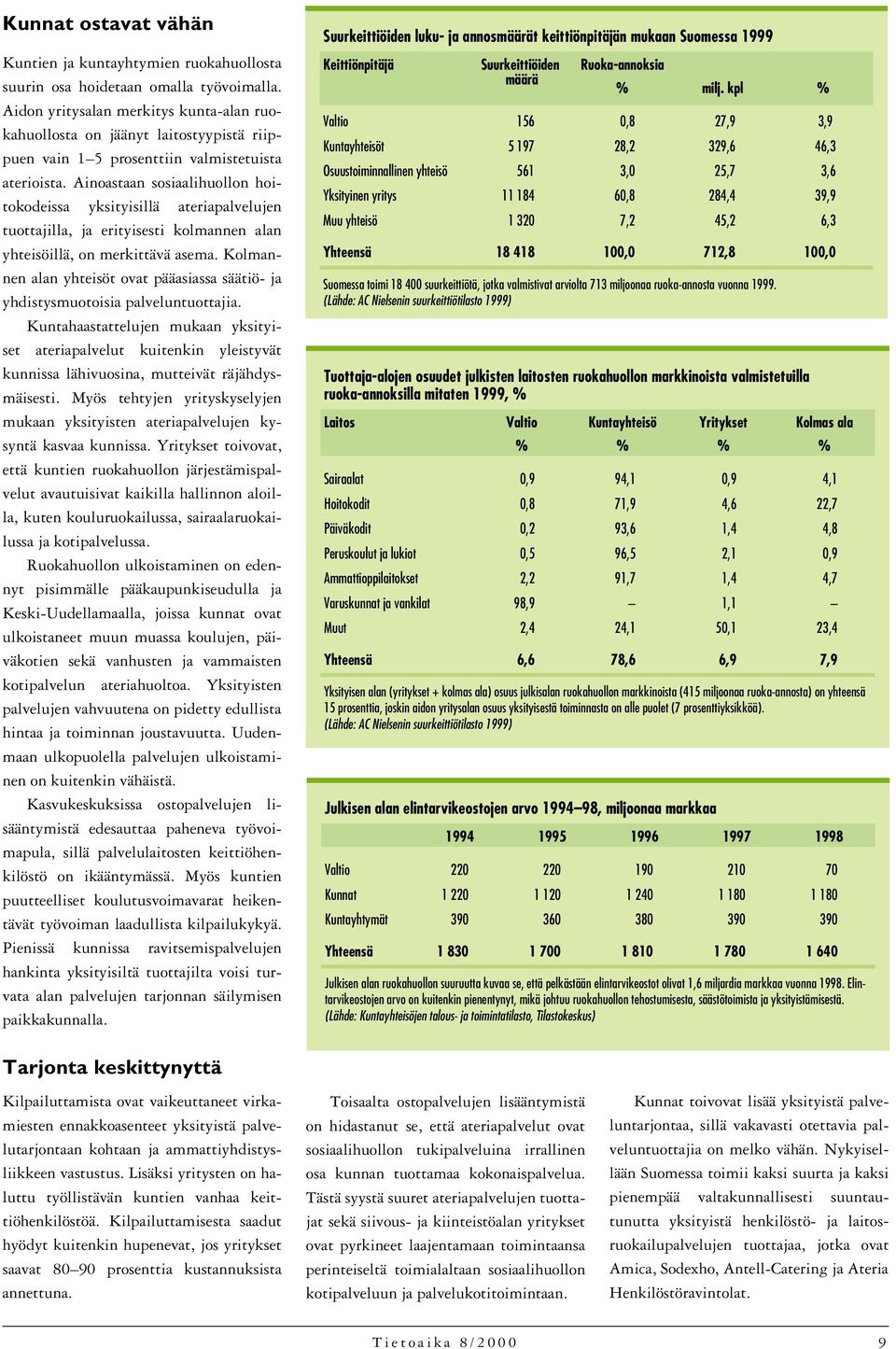 Ainoastaan sosiaalihuollon hoitokodeissa yksityisillä ateriapalvelujen tuottajilla, ja erityisesti kolmannen alan yhteisöillä, on merkittävä asema.