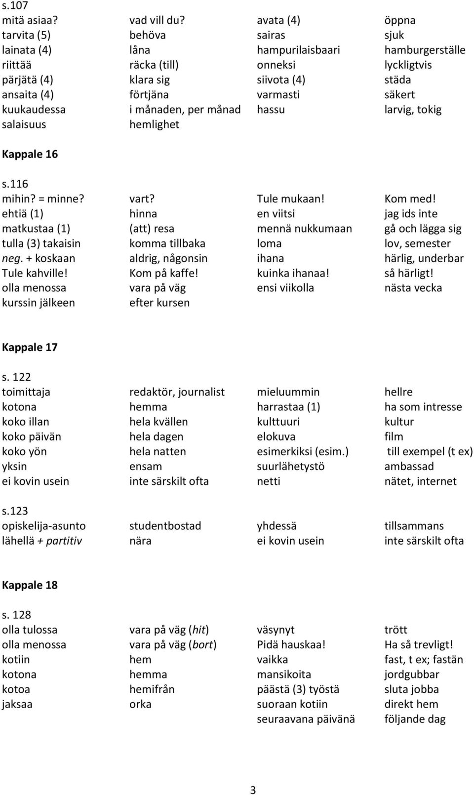 varmasti säkert kuukaudessa i månaden, per månad hassu larvig, tokig salaisuus hemlighet Kappale 16 s.116 mihin? = minne? vart? Tule mukaan! Kom med!