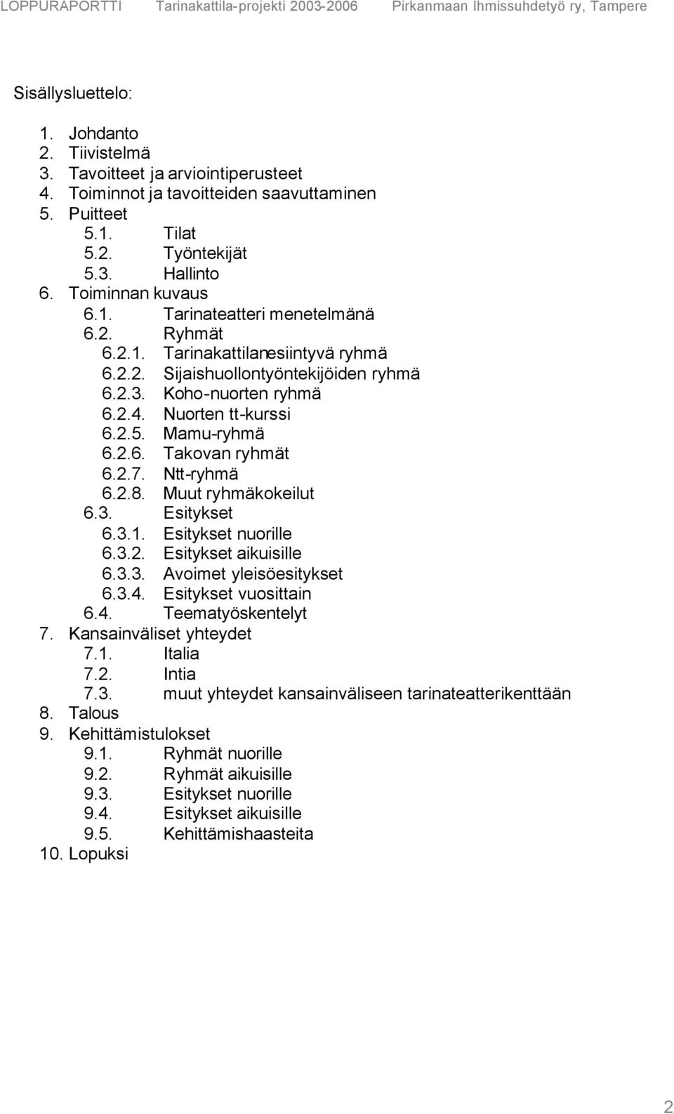 2.7. Ntt-ryhmä 6.2.8. Muut ryhmäkokeilut 6.3. Esitykset 6.3.1. Esitykset nuorille 6.3.2. Esitykset aikuisille 6.3.3. Avoimet yleisöesitykset 6.3.4. Esitykset vuosittain 6.4. Teematyöskentelyt 7.