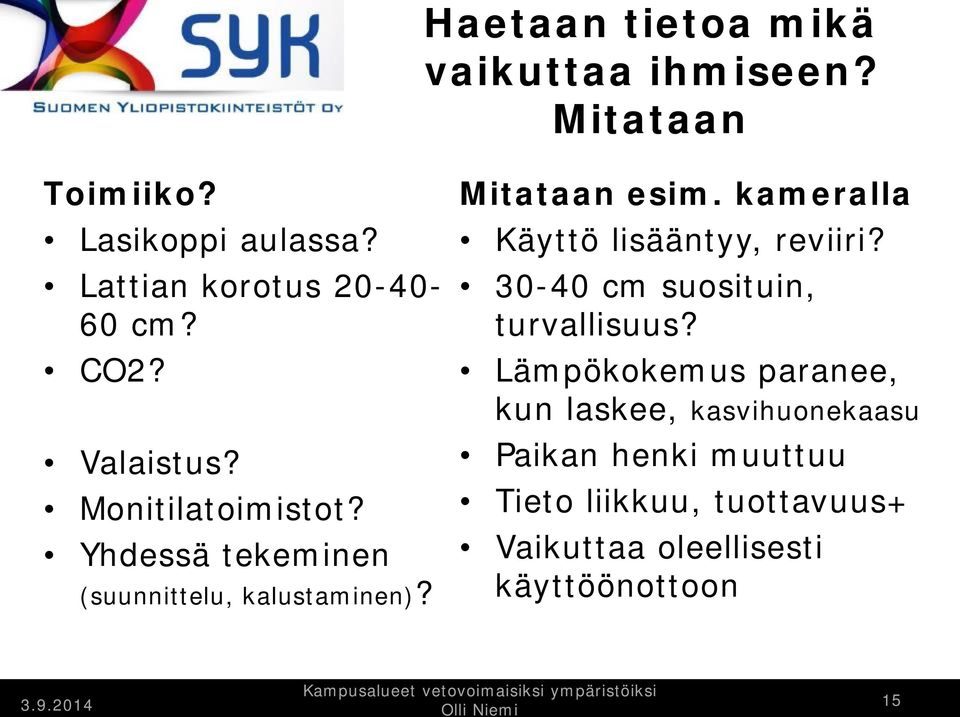 Yhdessä tekeminen (suunnittelu, kalustaminen)? Mitataan esim. kameralla Käyttö lisääntyy, reviiri?