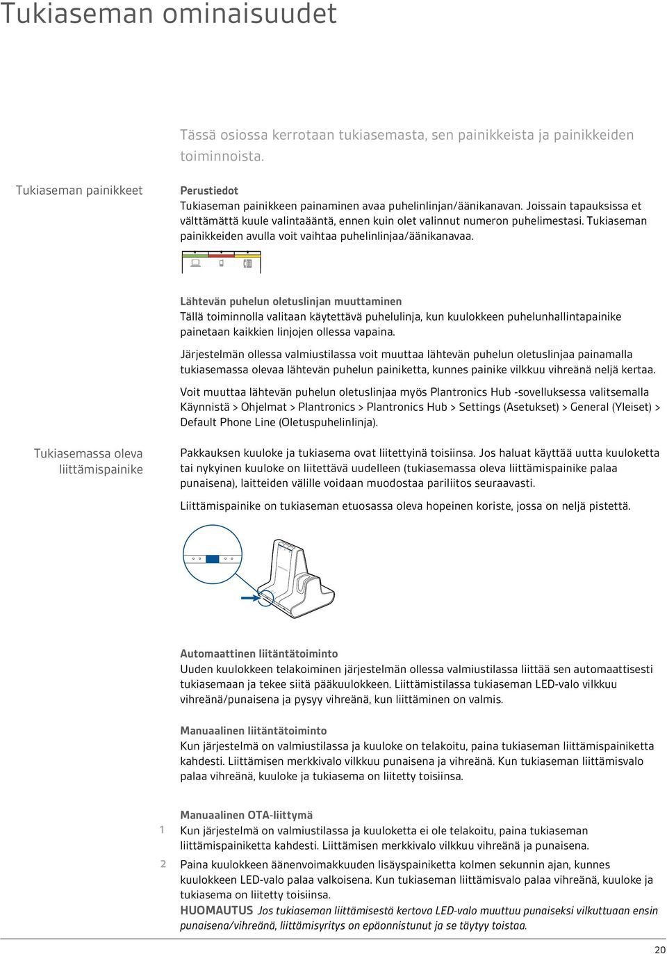 Joissain tapauksissa et välttämättä kuule valintaääntä, ennen kuin olet valinnut numeron puhelimestasi. Tukiaseman painikkeiden avulla voit vaihtaa puhelinlinjaa/äänikanavaa.