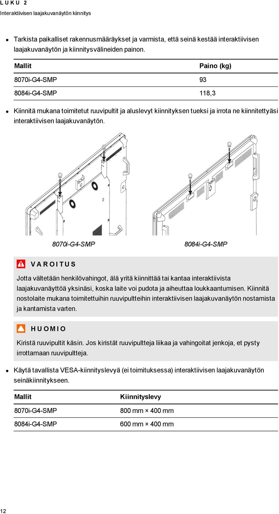 8070i-G4-SMP 8084i-G4-SMP V A R O I T U S Jotta vältetään henkilövahingot, älä yritä kiinnittää tai kantaa interaktiivista laajakuvanäyttöä yksinäsi, koska laite voi pudota ja aiheuttaa