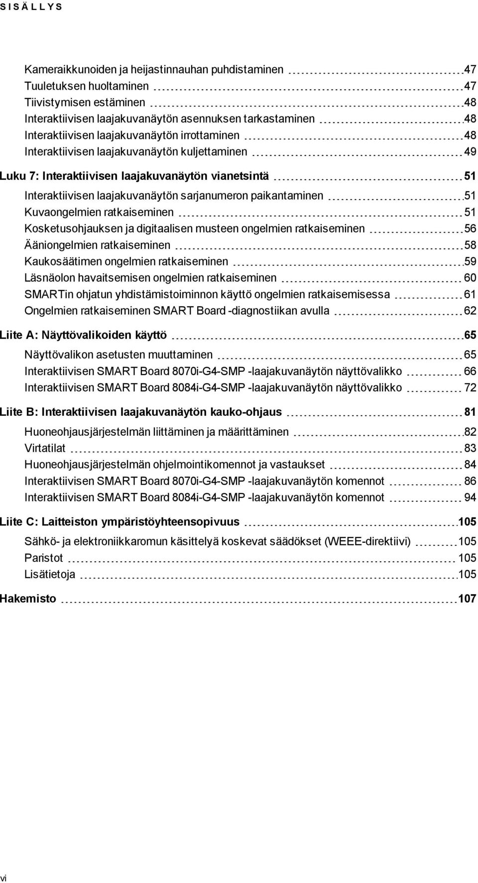 Kuvaongelmien ratkaiseminen 51 Kosketusohjauksen ja digitaalisen musteen ongelmien ratkaiseminen 56 Ääniongelmien ratkaiseminen 58 Kaukosäätimen ongelmien ratkaiseminen 59 Läsnäolon havaitsemisen