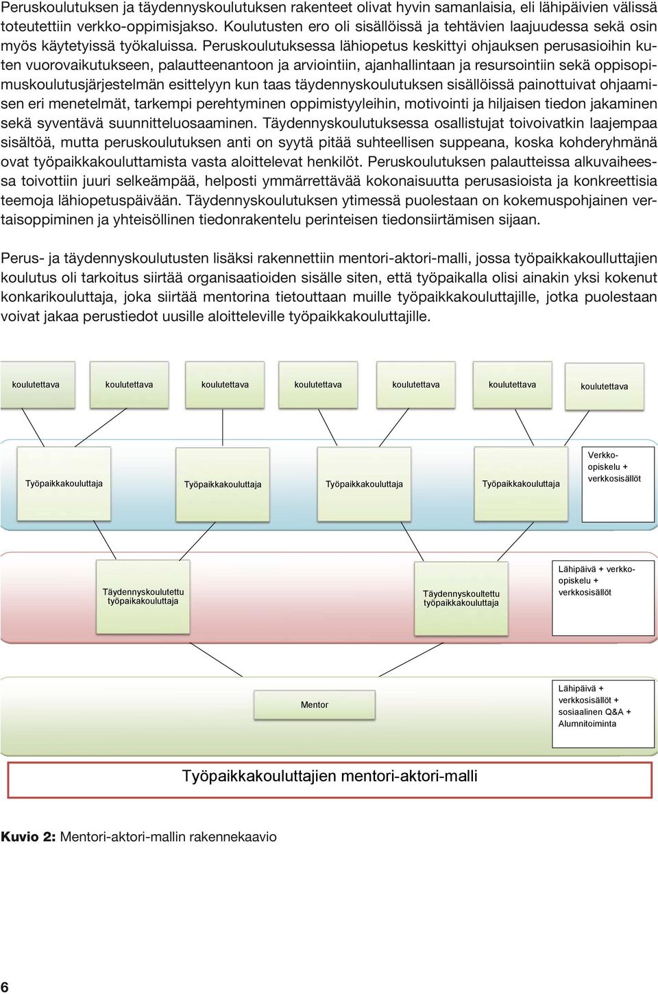 Peruskoulutuksessa lähiopetus keskittyi ohjauksen perusasioihin kuten vuorovaikutukseen, palautteenantoon ja arviointiin, ajanhallintaan ja resursointiin sekä oppisopimuskoulutusjärjestelmän