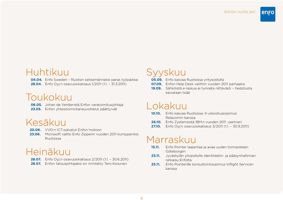 07. Enfo Oyj:n osavuosikatsaus 2/2011 (1.1. 30.6.2011) 28.07. Enfon talousjohtajaksi on nimitetty Tero Kosunen Syyskuu 05.09. Enfo kasvaa Ruotsissa yritysostolla 07.09. Enfon Help Desk valittiin vuoden 2011 parhaaksi 19.