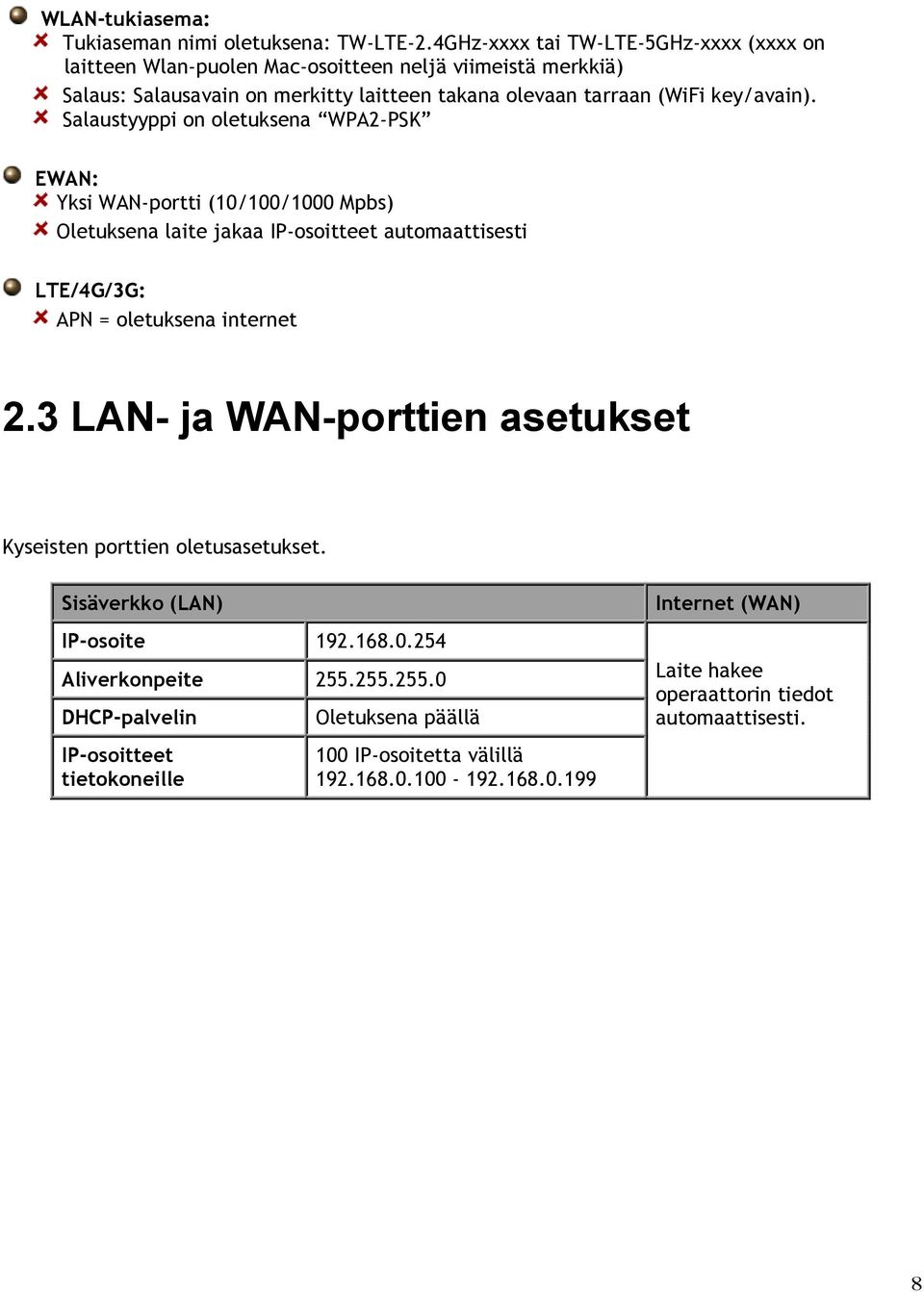 key/avain). Salaustyyppi on oletuksena WPA2-PSK EWAN: Yksi WAN-portti (10/100/1000 Mpbs) Oletuksena laite jakaa IP-osoitteet automaattisesti LTE/4G/3G: APN = oletuksena internet 2.