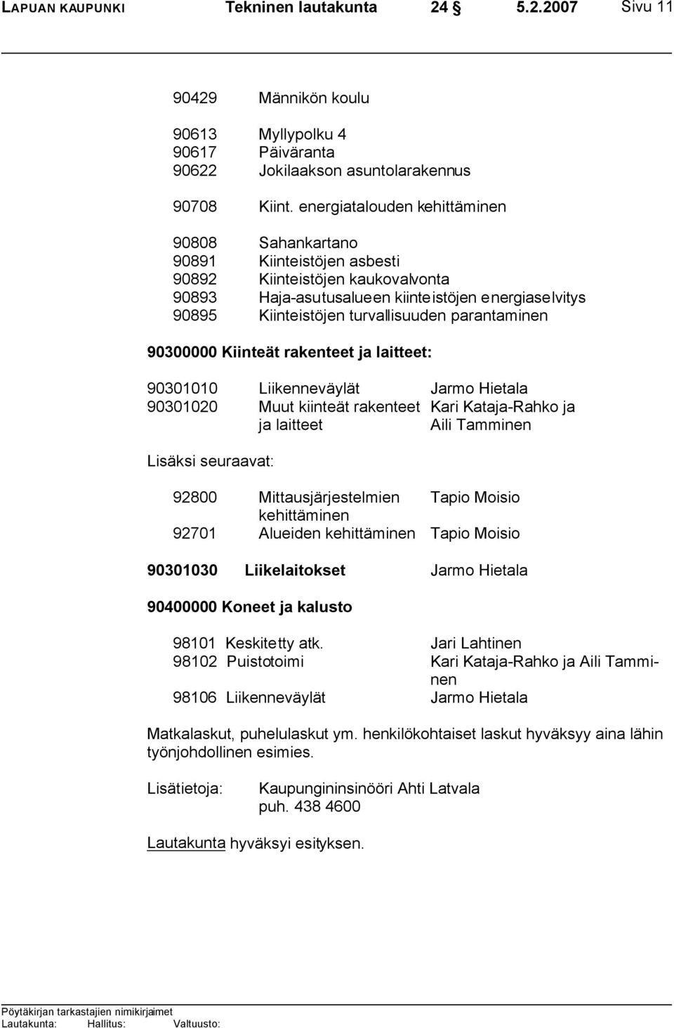 parantaminen 90300000 Kiinteät rakenteet ja laitteet: 90301010 Liikenneväylät Jarmo Hietala 90301020 Muut kiinteät rakenteet Kari Kataja-Rahko ja ja laitteet Aili Tamminen Lisäksi seuraavat: 92800