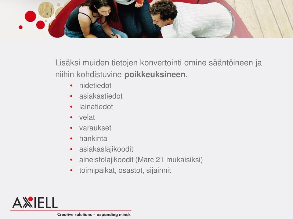 nidetiedot asiakastiedot lainatiedot velat varaukset hankinta