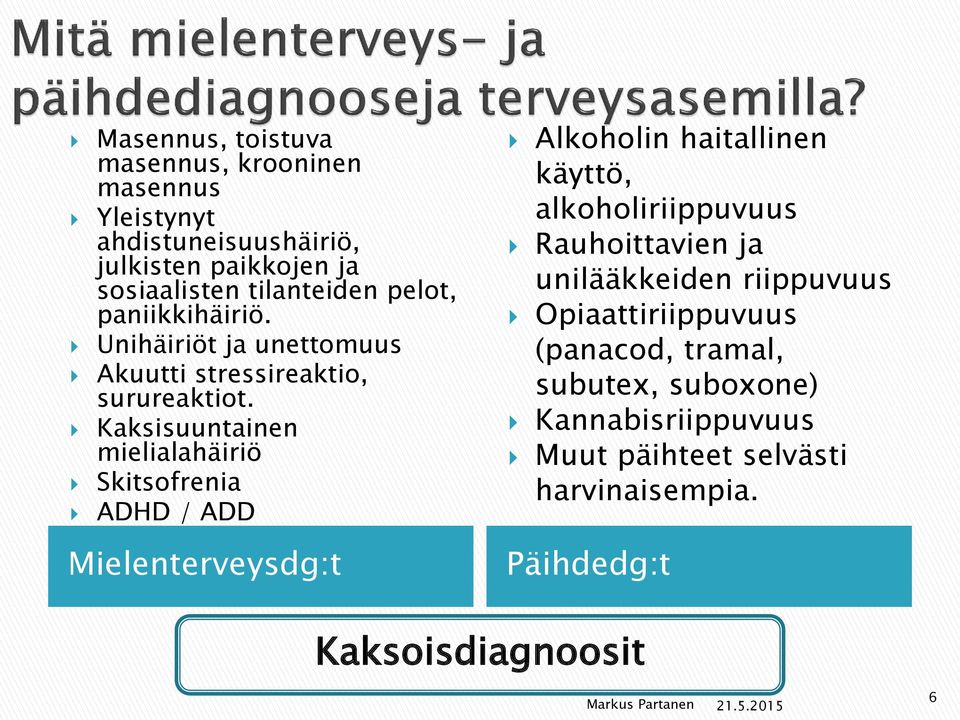 Kaksisuuntainen mielialahäiriö Skitsofrenia ADHD / ADD Mielenterveysdg:t Alkoholin haitallinen käyttö, alkoholiriippuvuus Rauhoittavien