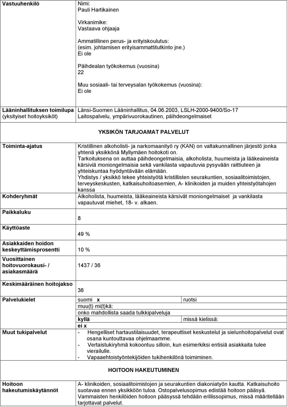 2003, LSLH-2000-9400/So-17 Laitospalvelu, ympärivuorokautinen, päihdeongelmaiset Toiminta-ajatus Kohderyhmät Paikkaluku Käyttöaste YKSIKÖN TARJOAMAT PALVELUT Kristillinen alkoholisti- ja