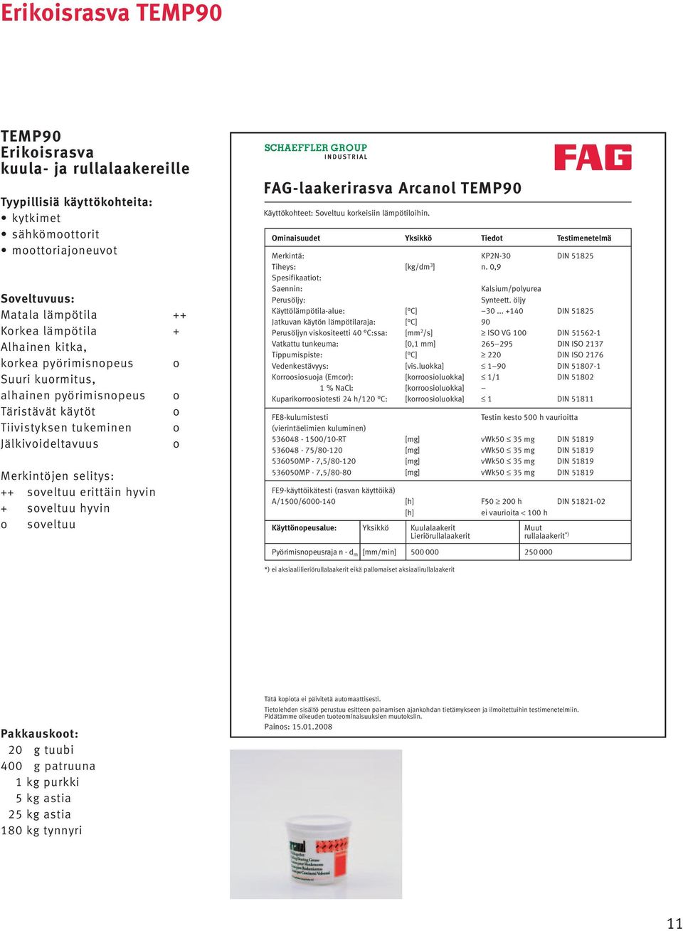 lämpötilihin. Ominaisuudet Yksikkö Tiedt Testimenetelmä Merkintä: KP2N-30 DIN 51825 Tiheys: [kg/dm 3 ] n. 0,9 Spesifikaatit: Kalsium/plyurea Synteett. öljy Käyttölämpötila-alue: [ C] 30.