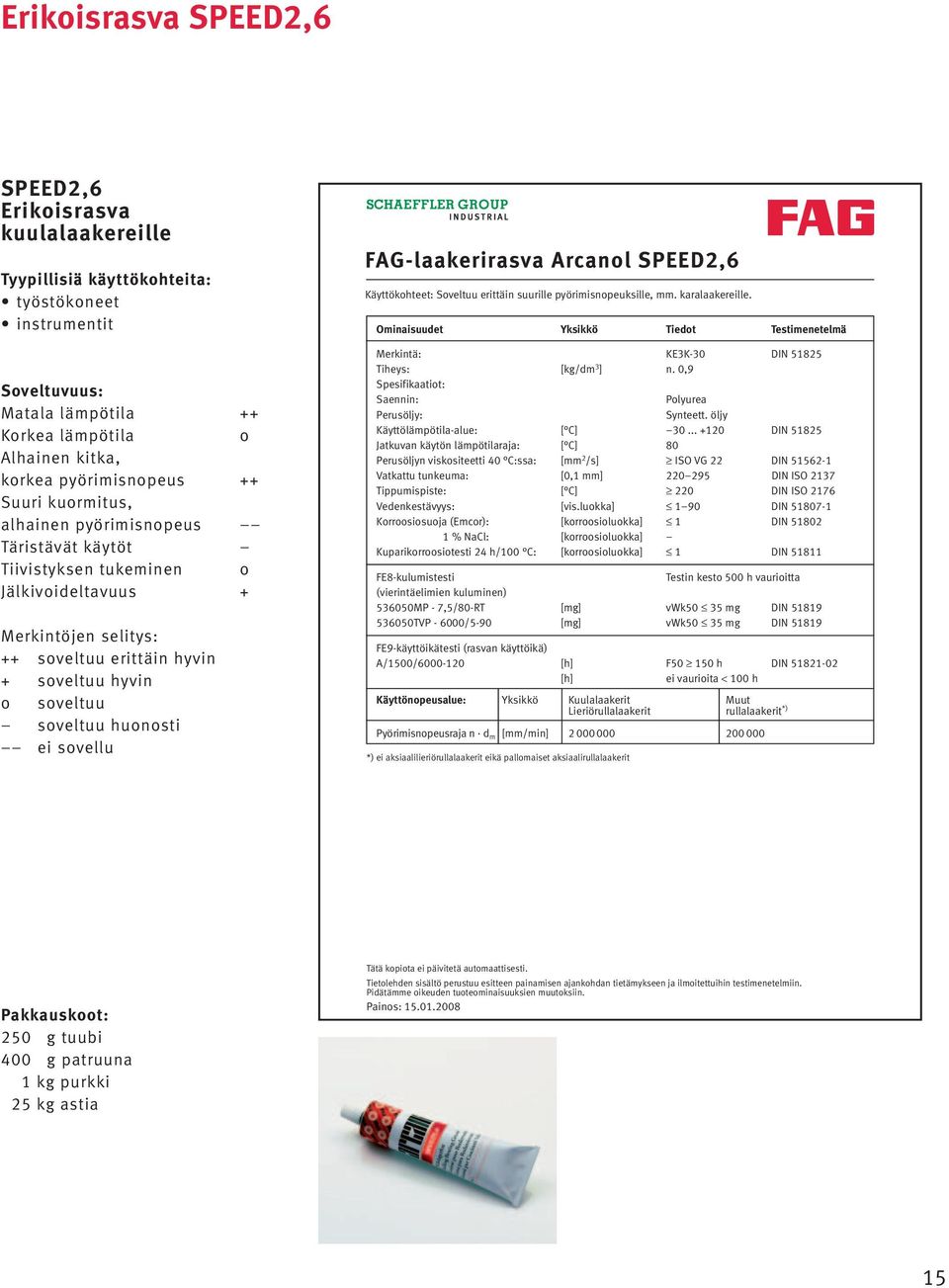 Sveltuu erittäin suurille pyörimisnpeuksille, mm. karalaakereille. Ominaisuudet Yksikkö Tiedt Testimenetelmä Merkintä: KE3K-30 DIN 51825 Tiheys: [kg/dm 3 ] n. 0,9 Spesifikaatit: Plyurea Synteett.