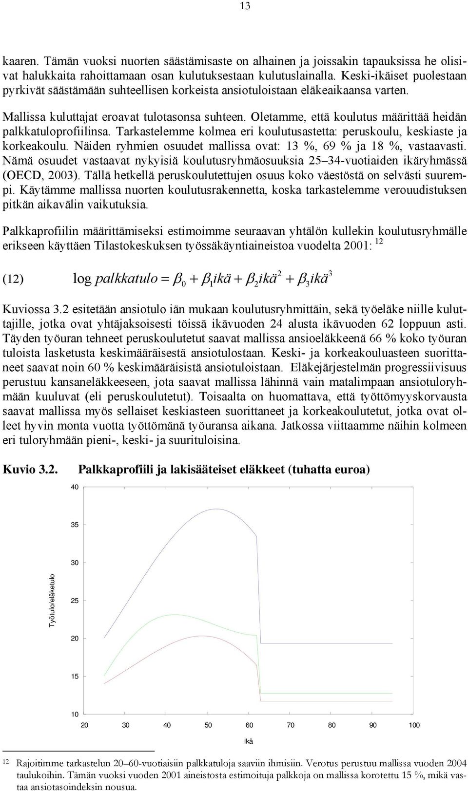 Oletamme, että koulutus määrittää heidän palkkatuloprofiilinsa. Tarkastelemme kolmea eri koulutusastetta: peruskoulu, keskiaste ja korkeakoulu.