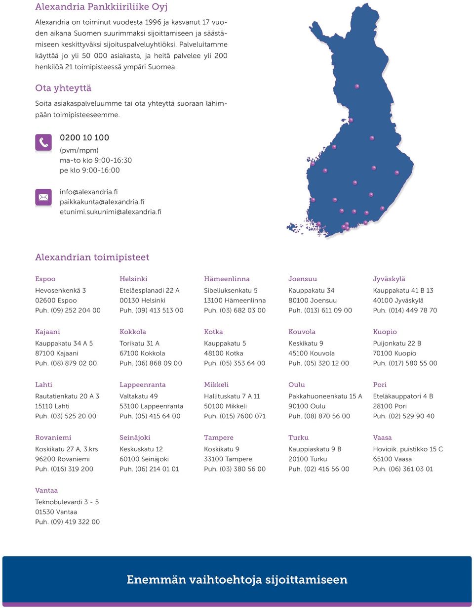 Ota yhteyttä Soita asiakaspalveluumme tai ota yhteyttä suoraan lähimpään toimipisteeseemme. 0200 10 100 (pvm/mpm) ma-to klo 9:00-16:30 pe klo 9:00-16:00 info@alexandria.fi paikkakunta@alexandria.