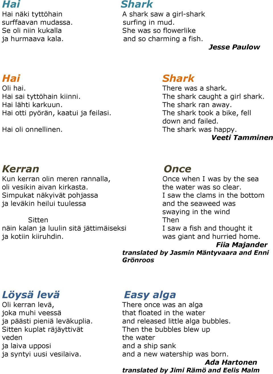 The shark took a bike, fell down and failed. The shark was happy. Veeti Tamminen Kerran Once Kun kerran olin meren rannalla, Once when I was by the sea oli vesikin aivan kirkasta.