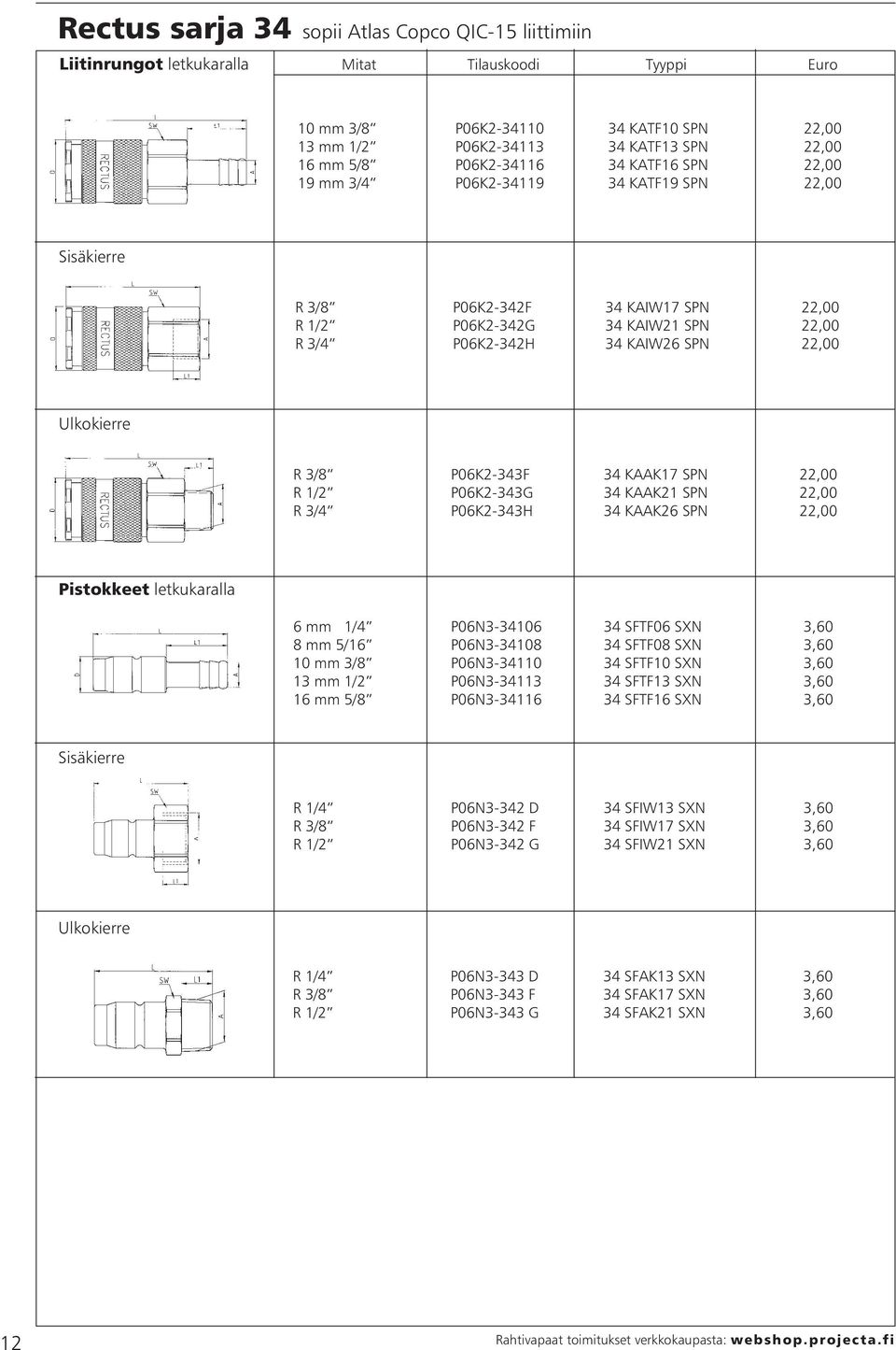 P06K2-343F 34 KAAK17 SPN 22,00 R 1/2 P06K2-343G 34 KAAK21 SPN 22,00 R 3/4 P06K2-343H 34 KAAK26 SPN 22,00 Pistokkeet letkukaralla 6 mm 1/4 P06N3-34106 34 SFTF06 SN 3,60 8 mm 5/16 P06N3-34108 34 SFTF08