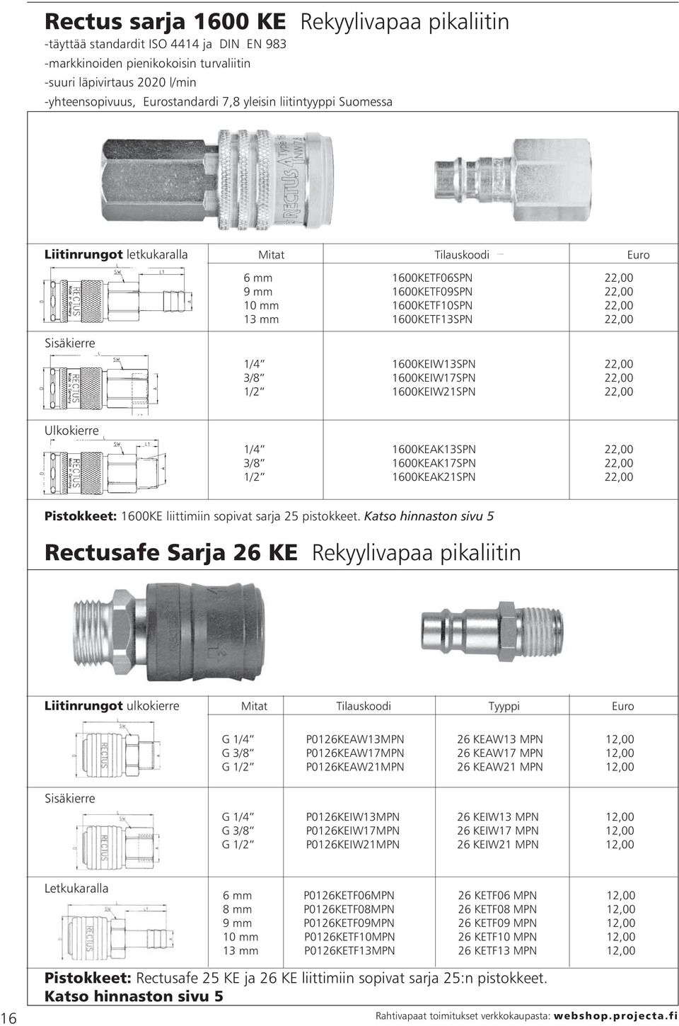 22,00 3/8 1600KEIW17SPN 22,00 1/2 1600KEIW21SPN 22,00 1/4 1600KEAK13SPN 22,00 3/8 1600KEAK17SPN 22,00 1/2 1600KEAK21SPN 22,00 Pistokkeet: 1600KE liittimiin sopivat sarja 25 pistokkeet.