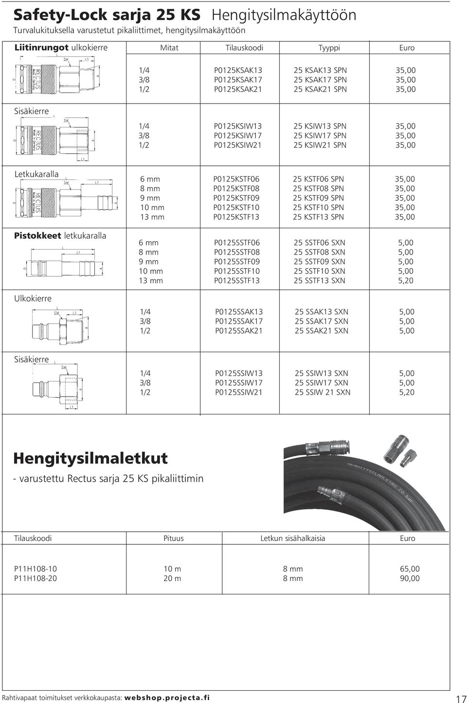 Pistokkeet letkukaralla 6 mm P0125KSTF06 25 KSTF06 SPN 35,00 8 mm P0125KSTF08 25 KSTF08 SPN 35,00 9 mm P0125KSTF09 25 KSTF09 SPN 35,00 10 mm P0125KSTF10 25 KSTF10 SPN 35,00 13 mm P0125KSTF13 25