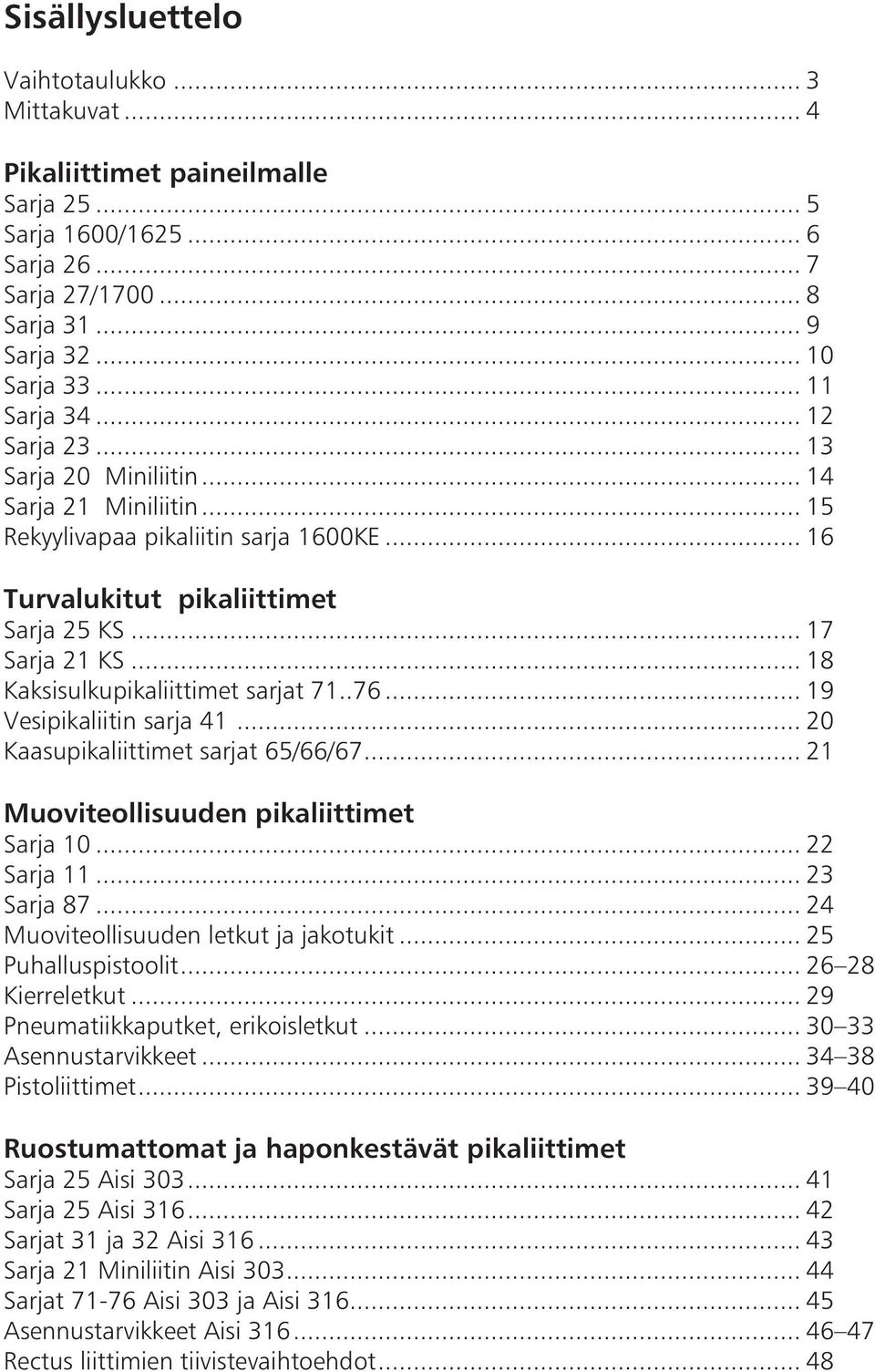 .. 18 Kaksisulkupikaliittimet sarjat 71..76... 19 Vesipikaliitin sarja 41... 20 Kaasupikaliittimet sarjat 65/66/67... 21 Muoviteollisuuden pikaliittimet Sarja 10... 22 Sarja 11... 23 Sarja 87.