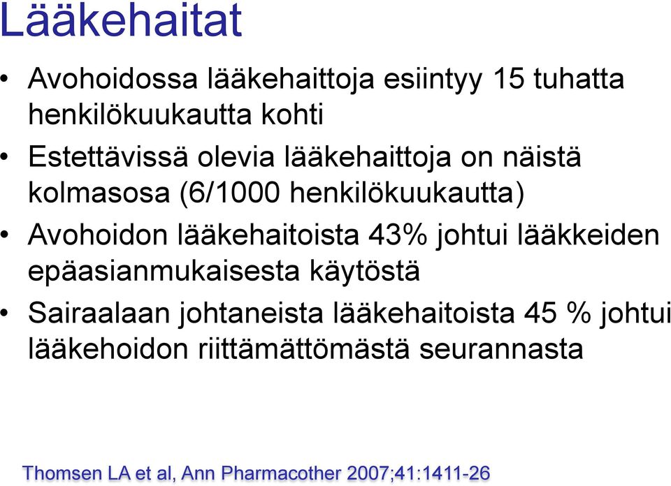 43% johtui lääkkeiden epäasianmukaisesta käytöstä Sairaalaan johtaneista lääkehaitoista 45 %